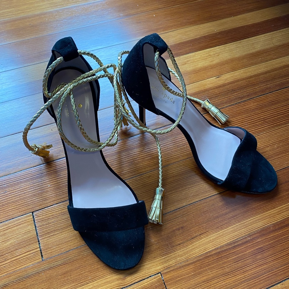 kate spade Black Suede High Heel Sandals with Gold Tassel Wraps